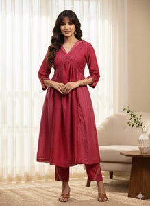 Sequin Work Chanderi Kurta Set - Maroon