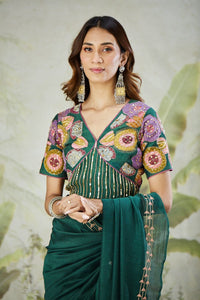 Aari Zardozi Embroidered Saree With Blouse - Green