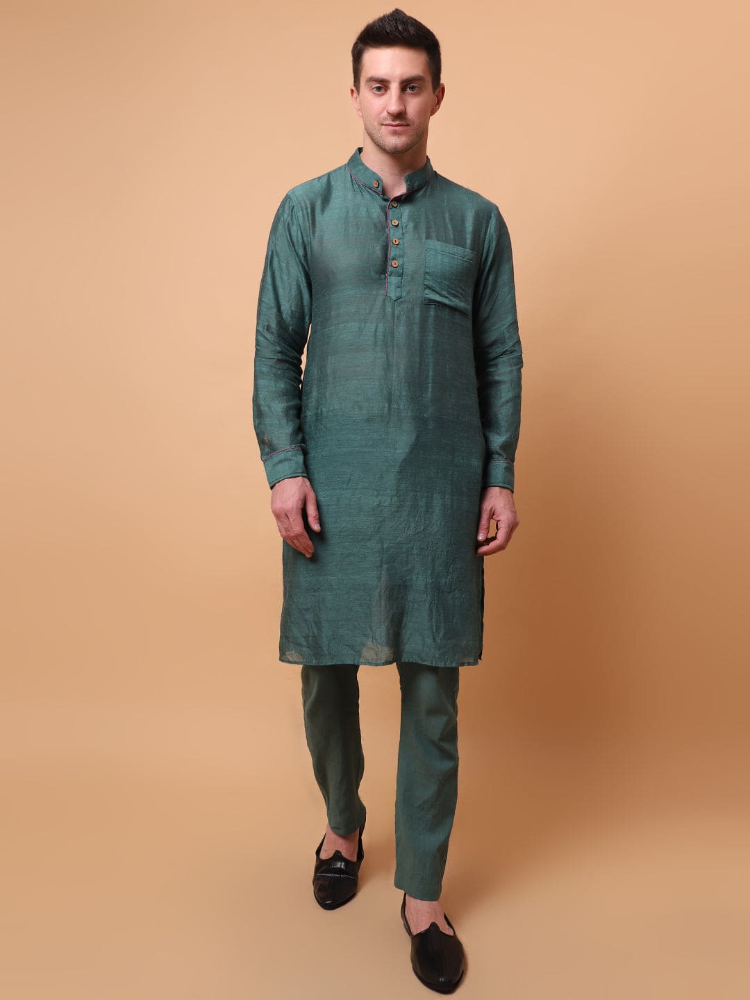 Aari Zardozi & Patch Work Men Kurta Set - Green - Charkha TalesAari Zardozi & Patch Work Men Kurta Set - Green