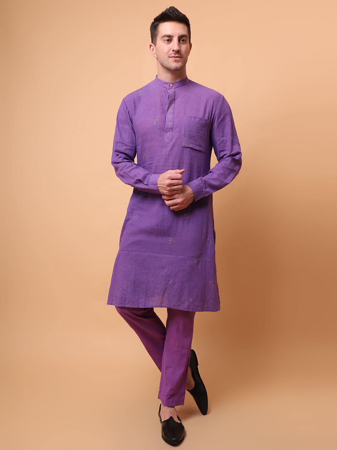 Aari Zardozi & Patch Work Men Kurta Set - Purple - Charkha TalesAari Zardozi & Patch Work Men Kurta Set - Purple