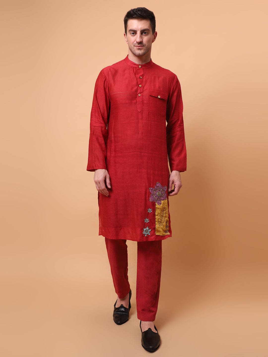 Aari Zardozi & Patch Work Men Kurta Set - Red - Charkha TalesAari Zardozi & Patch Work Men Kurta Set - Red
