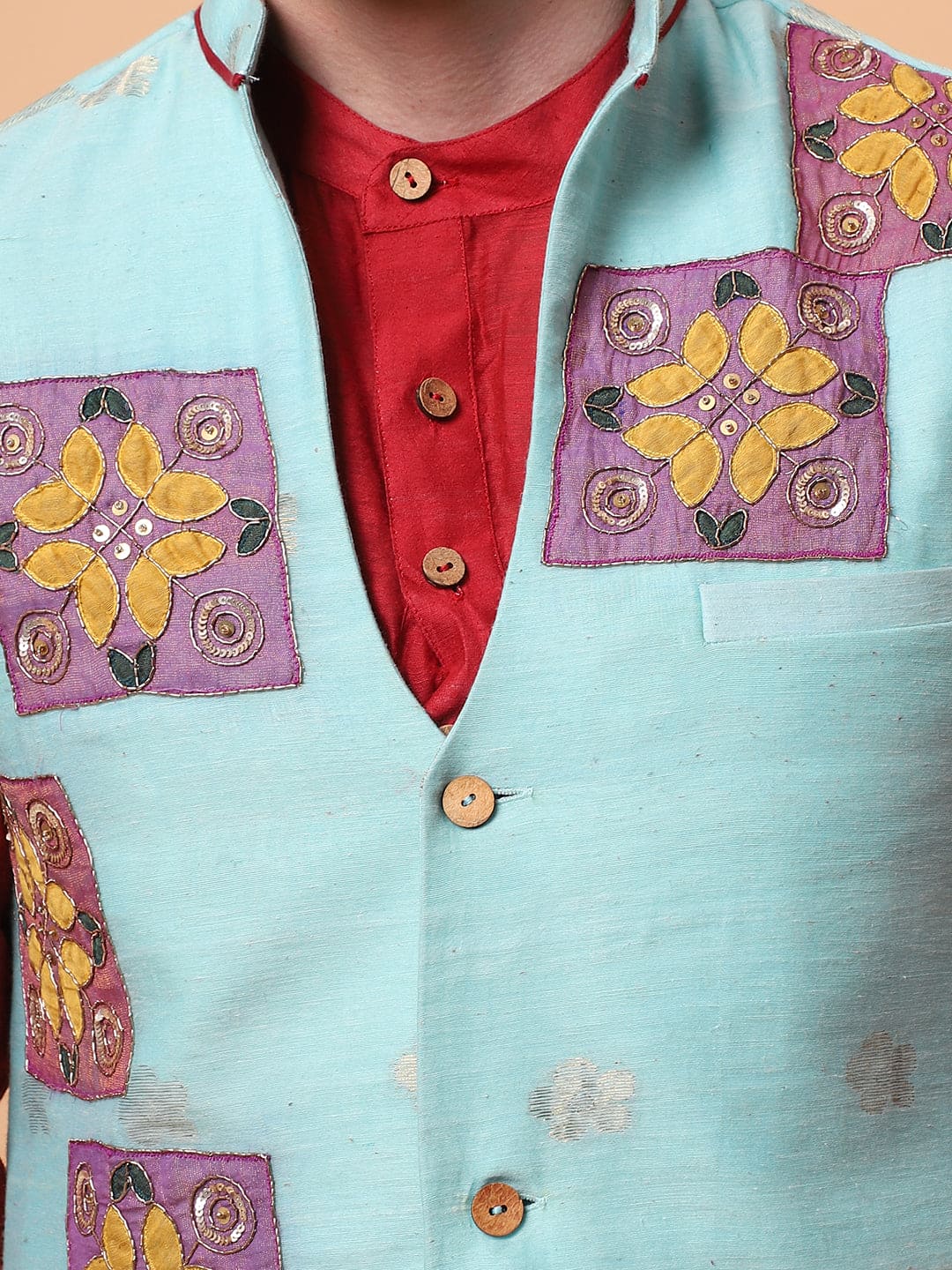 Aari Zardozi & Patch Work Men Kurta Set - Red - Charkha TalesAari Zardozi & Patch Work Men Kurta Set - Red