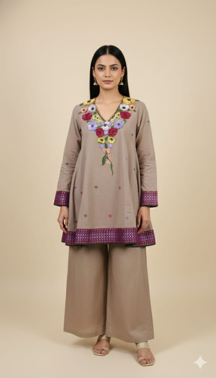 Adda Work Women Kurta Set - Beige - Charkha TalesAdda Work Women Kurta Set - Beige