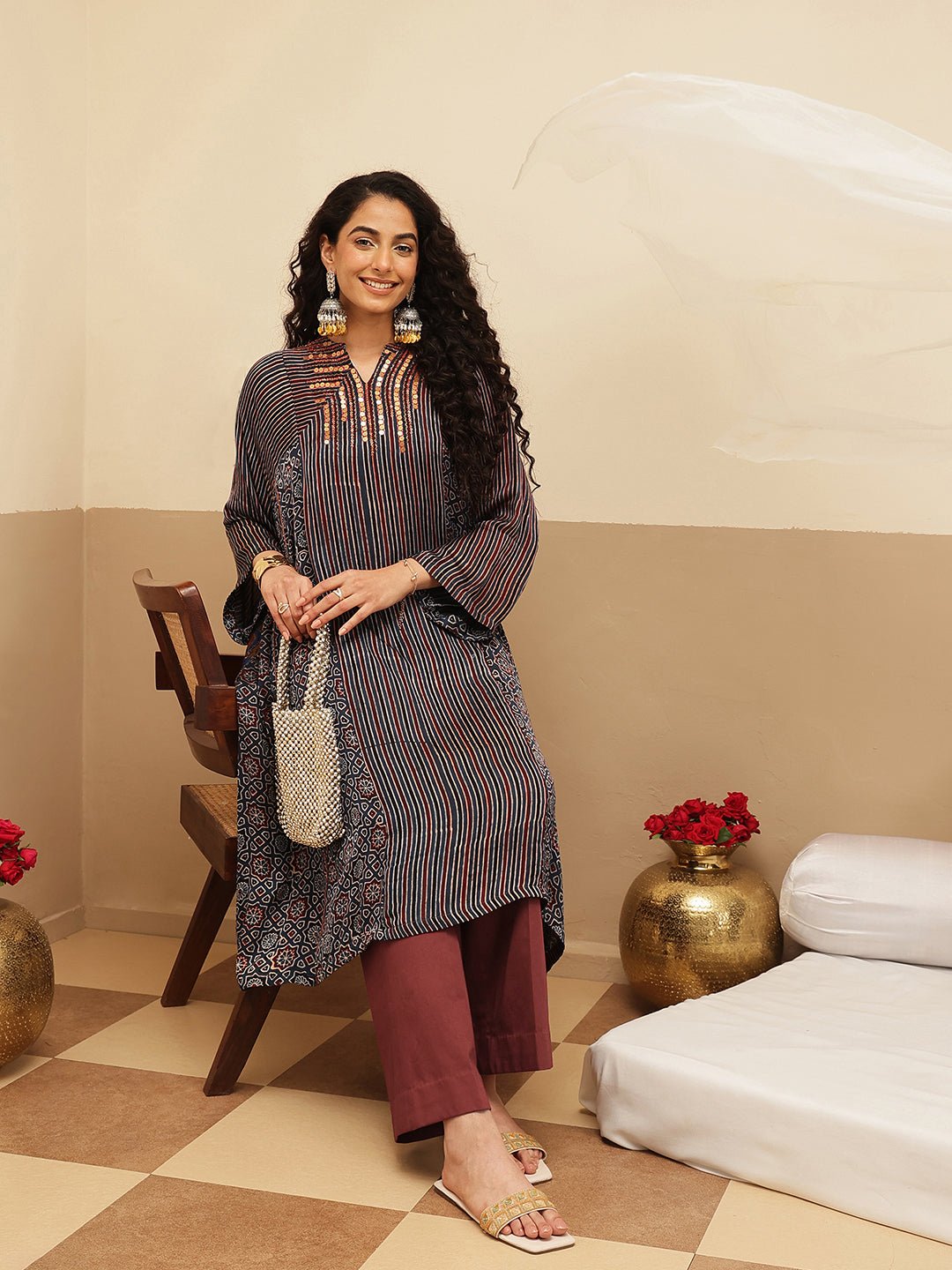 Ajrakh Women Kurta Set - Blue - Charkha TalesAjrakh Women Kurta Set - Blue