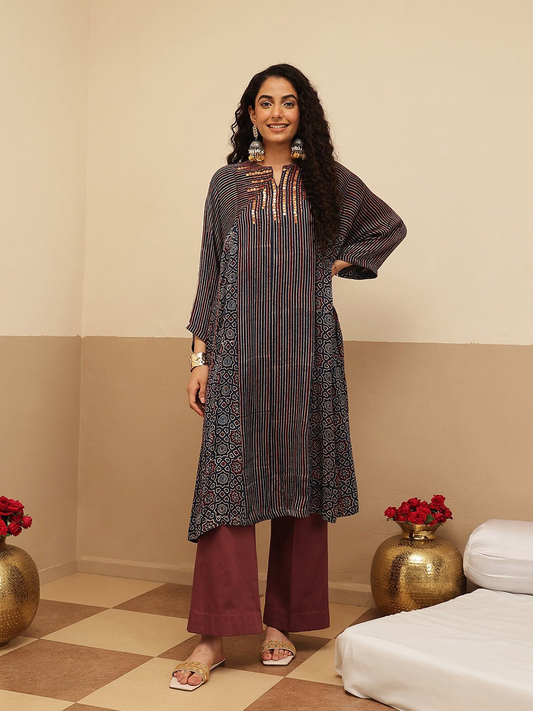 Ajrakh Women Kurta Set - Blue - Charkha TalesAjrakh Women Kurta Set - Blue