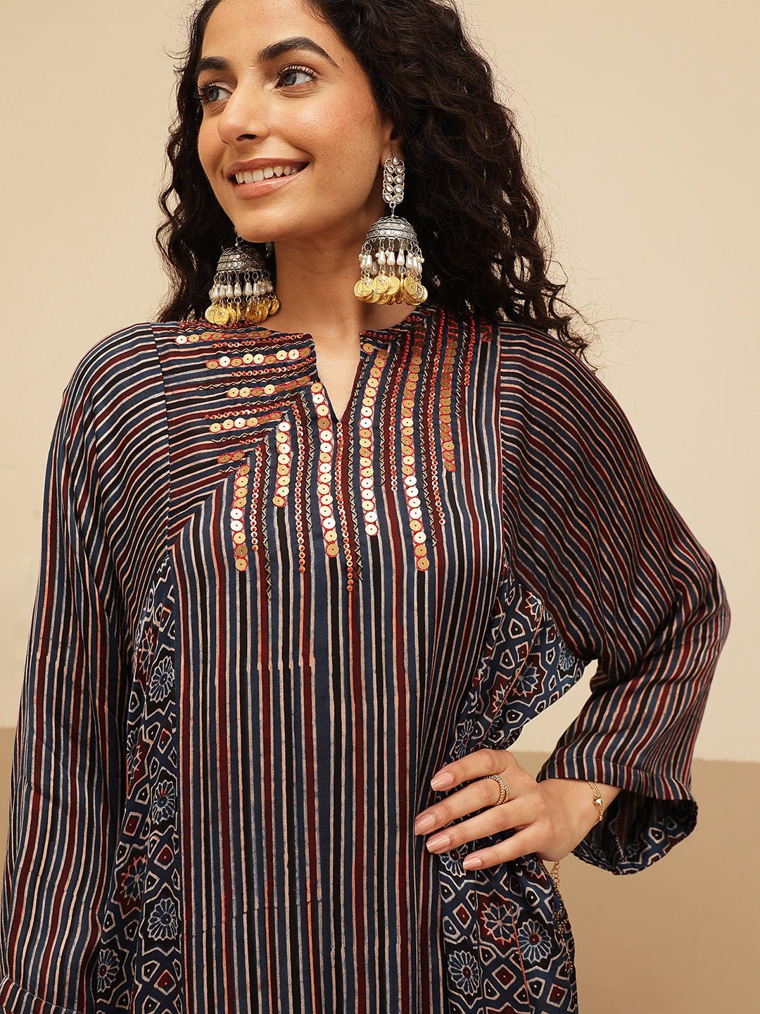 Ajrakh Women Kurta Set - Blue - Charkha TalesAjrakh Women Kurta Set - Blue