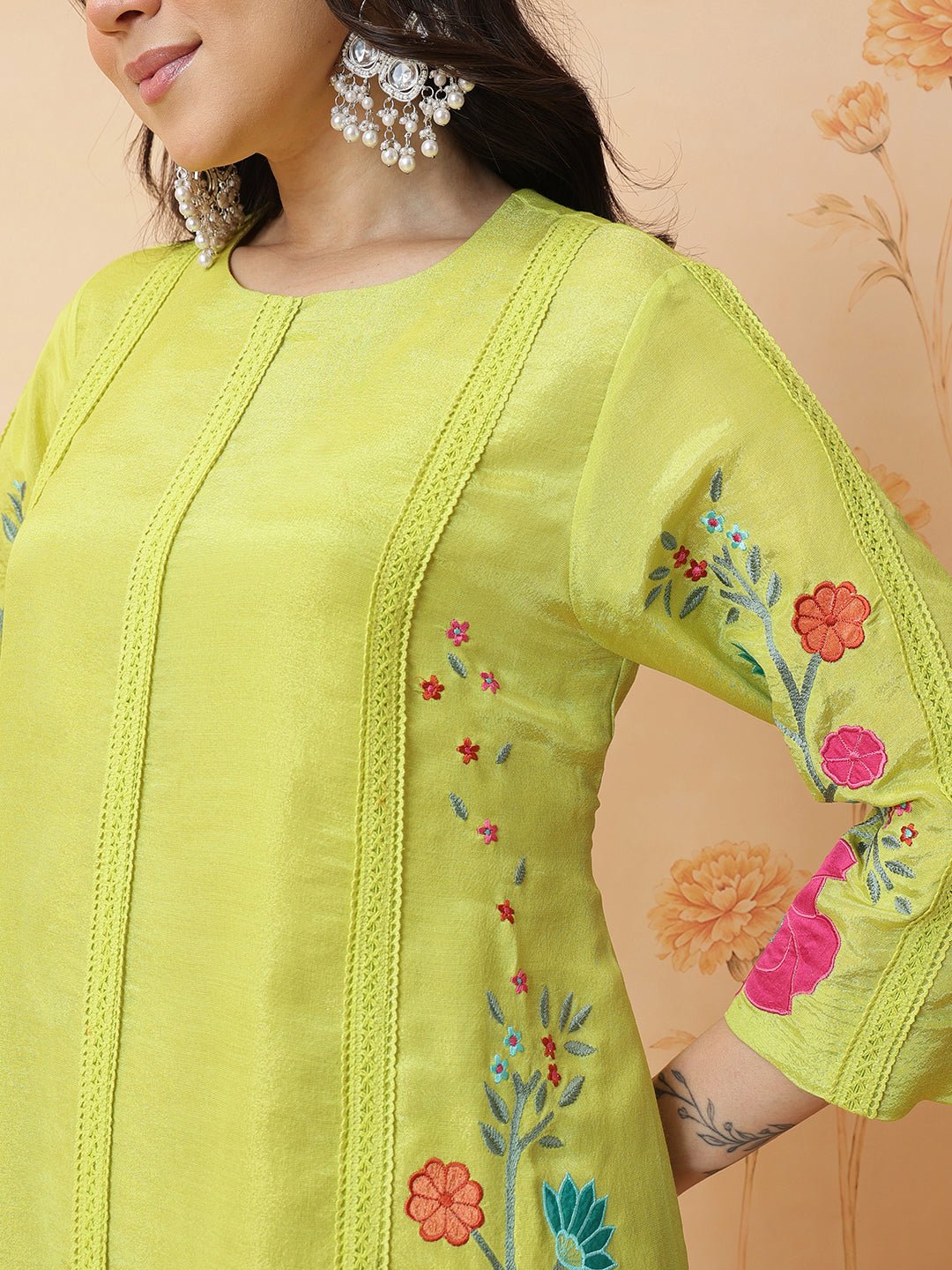 Applique tissue Kurta Set - Lemon Yellow - Charkha TalesApplique tissue Kurta Set - Lemon Yellow