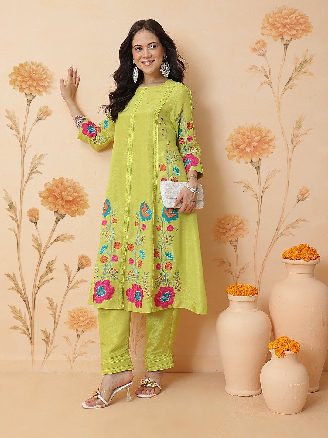 Applique tissue Kurta Set - Lemon Yellow - Charkha TalesApplique tissue Kurta Set - Lemon Yellow