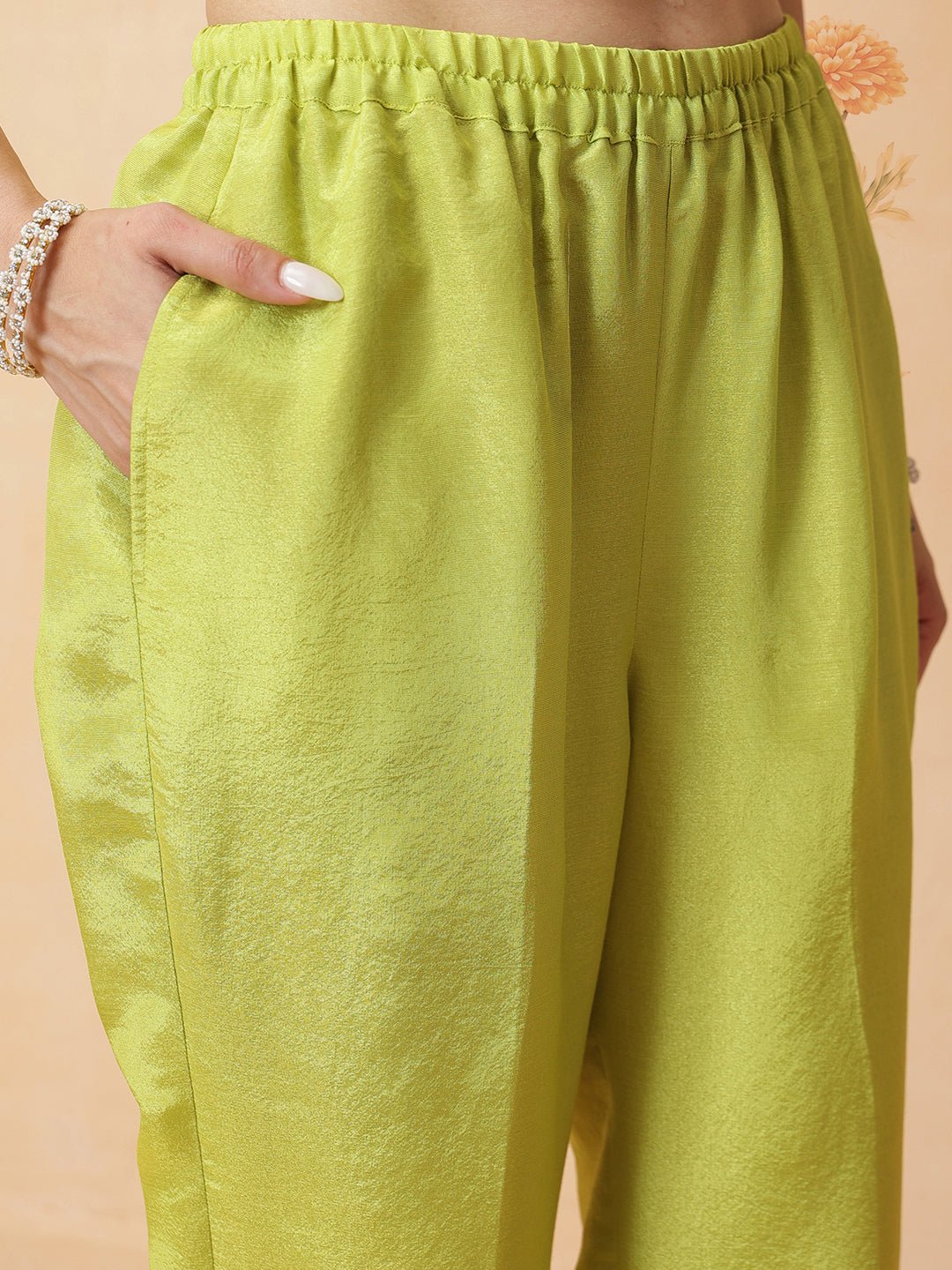 Applique tissue Kurta Set - Lemon Yellow - Charkha TalesApplique tissue Kurta Set - Lemon Yellow