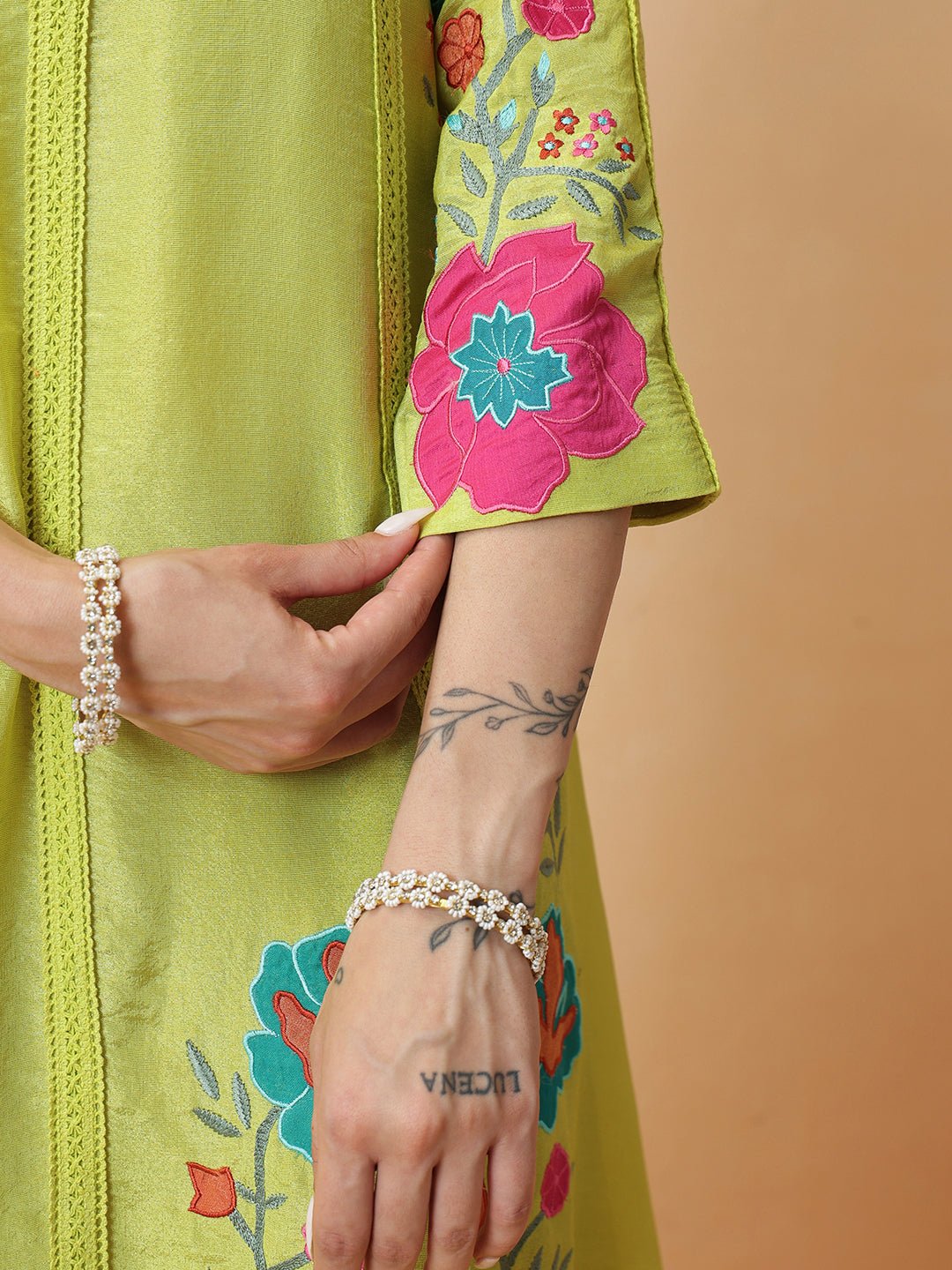 Applique tissue Kurta Set - Lemon Yellow - Charkha TalesApplique tissue Kurta Set - Lemon Yellow