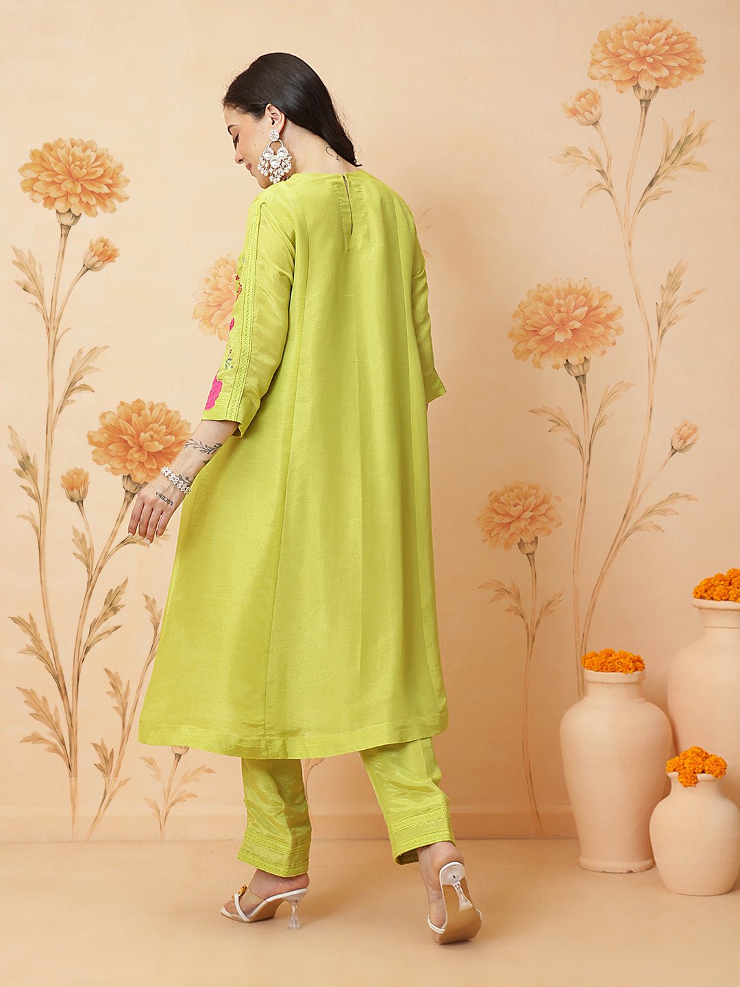 Applique tissue Kurta Set - Lemon Yellow - Charkha TalesApplique tissue Kurta Set - Lemon Yellow