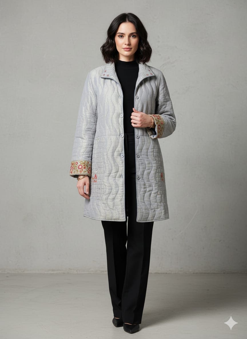 Banarsi Zari Quilted Jacket - Grey - Charkha TalesBanarsi Zari Quilted Jacket - Grey