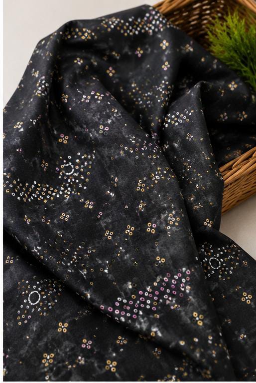 Bandhej Inspired Print Fabric - Black - Charkha TalesBandhej Inspired Print Fabric - Black