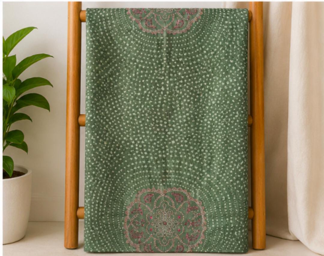 Bandhej Inspired Print Fabric - Green - Charkha TalesBandhej Inspired Print Fabric - Green