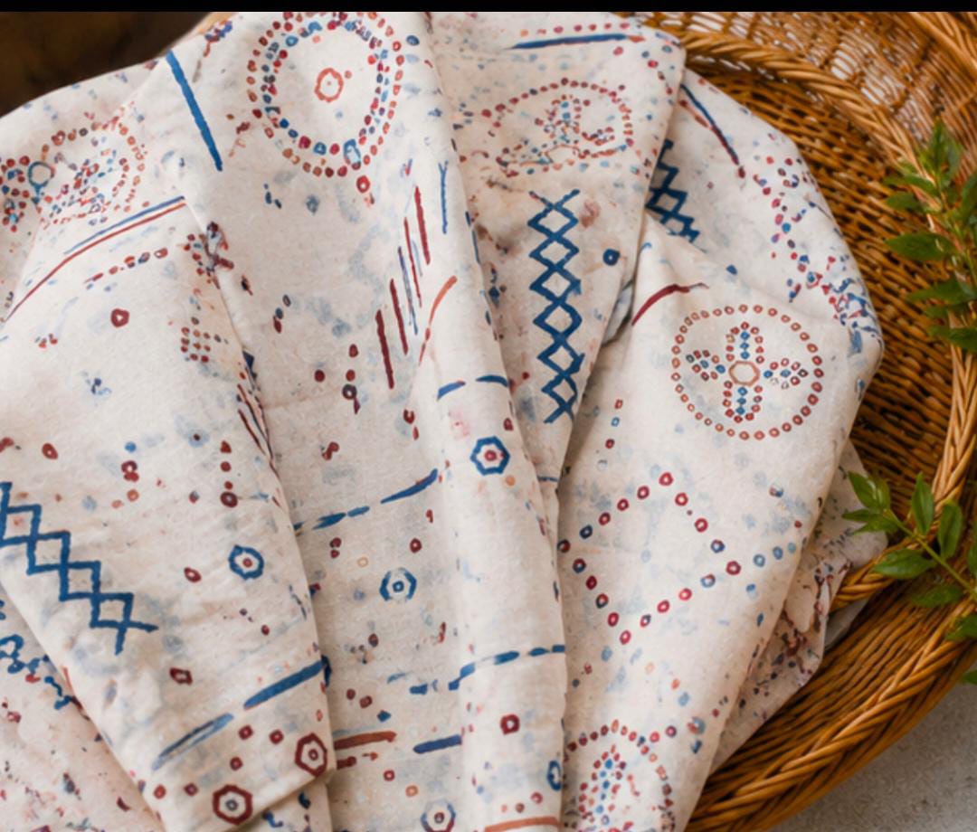 Bandhej Inspired Print Fabric - Off-White - Charkha TalesBandhej Inspired Print Fabric - Off-White