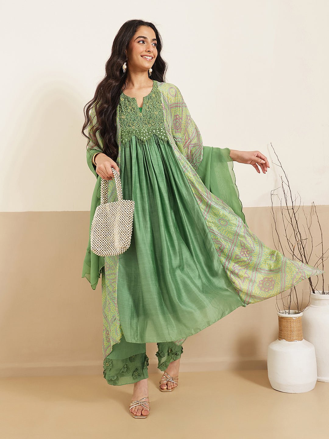 Bandhej Women Kurta Set - Green - Charkha TalesBandhej Women Kurta Set - Green