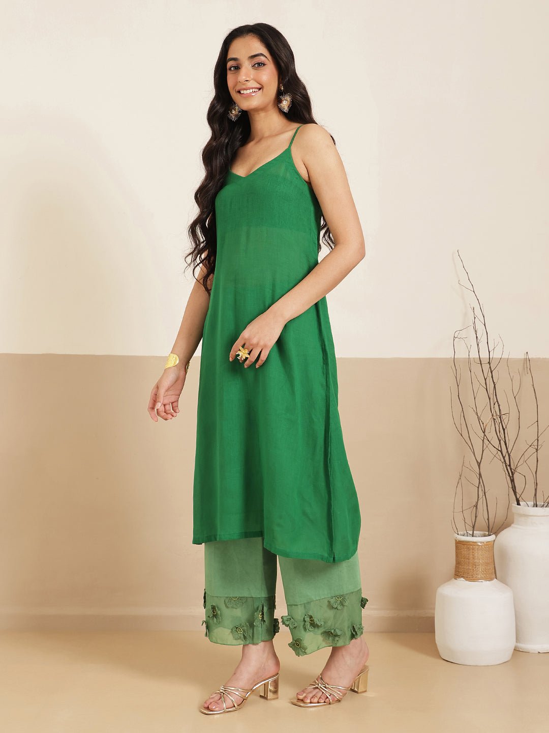 Bandhej Women Kurta Set - Green - Charkha TalesBandhej Women Kurta Set - Green