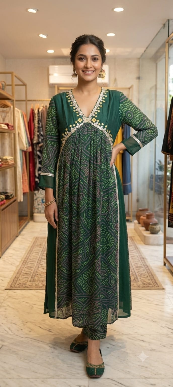 Bandhej Women Kurta Set - Green - Charkha TalesBandhej Women Kurta Set - Green