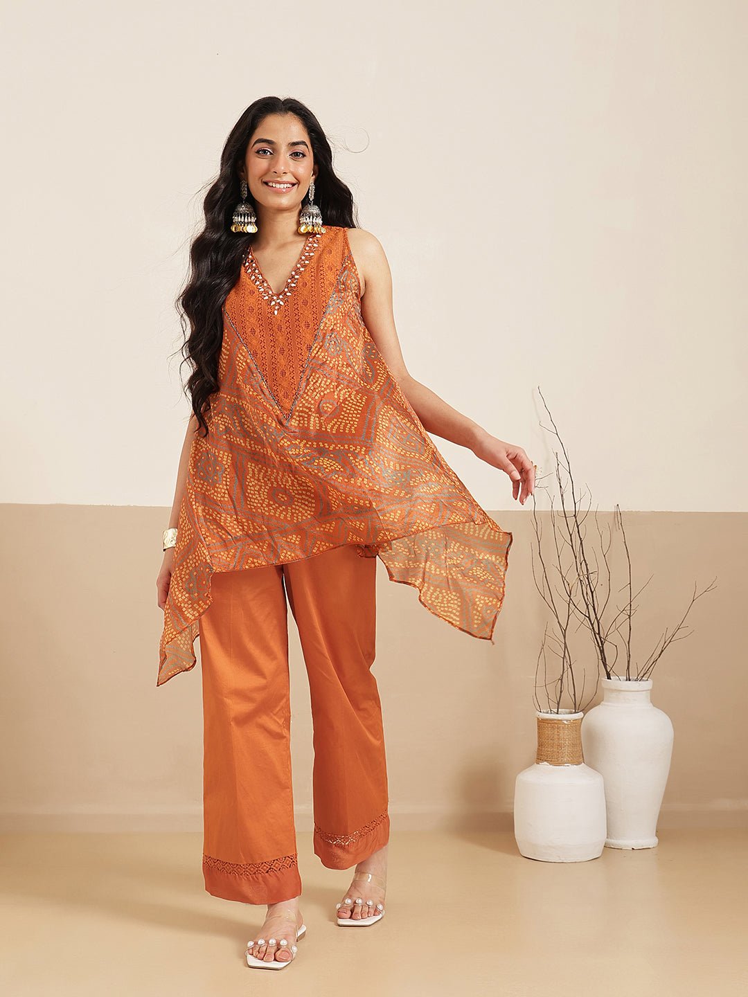 Bandhej Women Kurta Set - Orange - Charkha TalesBandhej Women Kurta Set - Orange