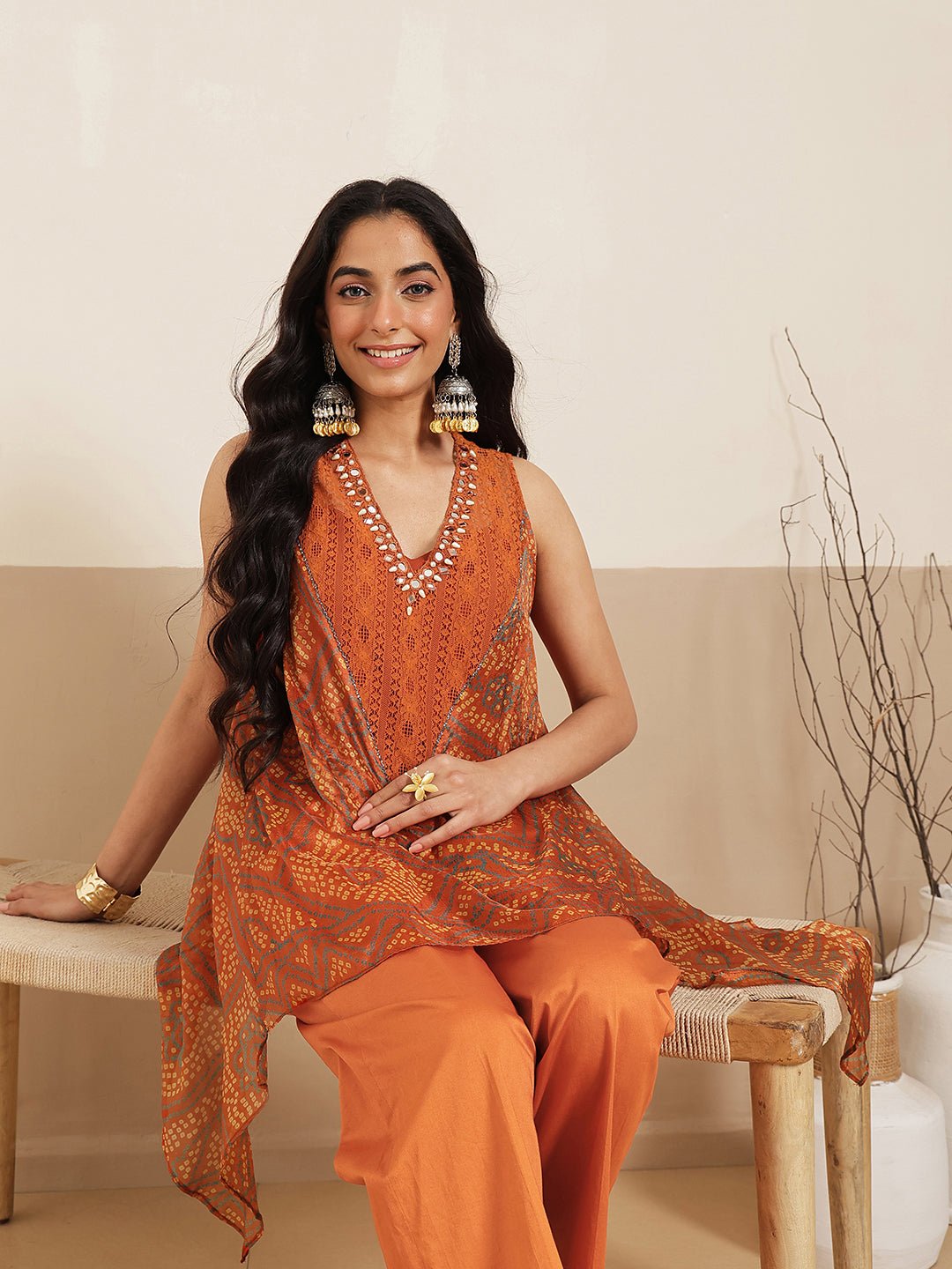 Bandhej Women Kurta Set - Orange - Charkha TalesBandhej Women Kurta Set - Orange