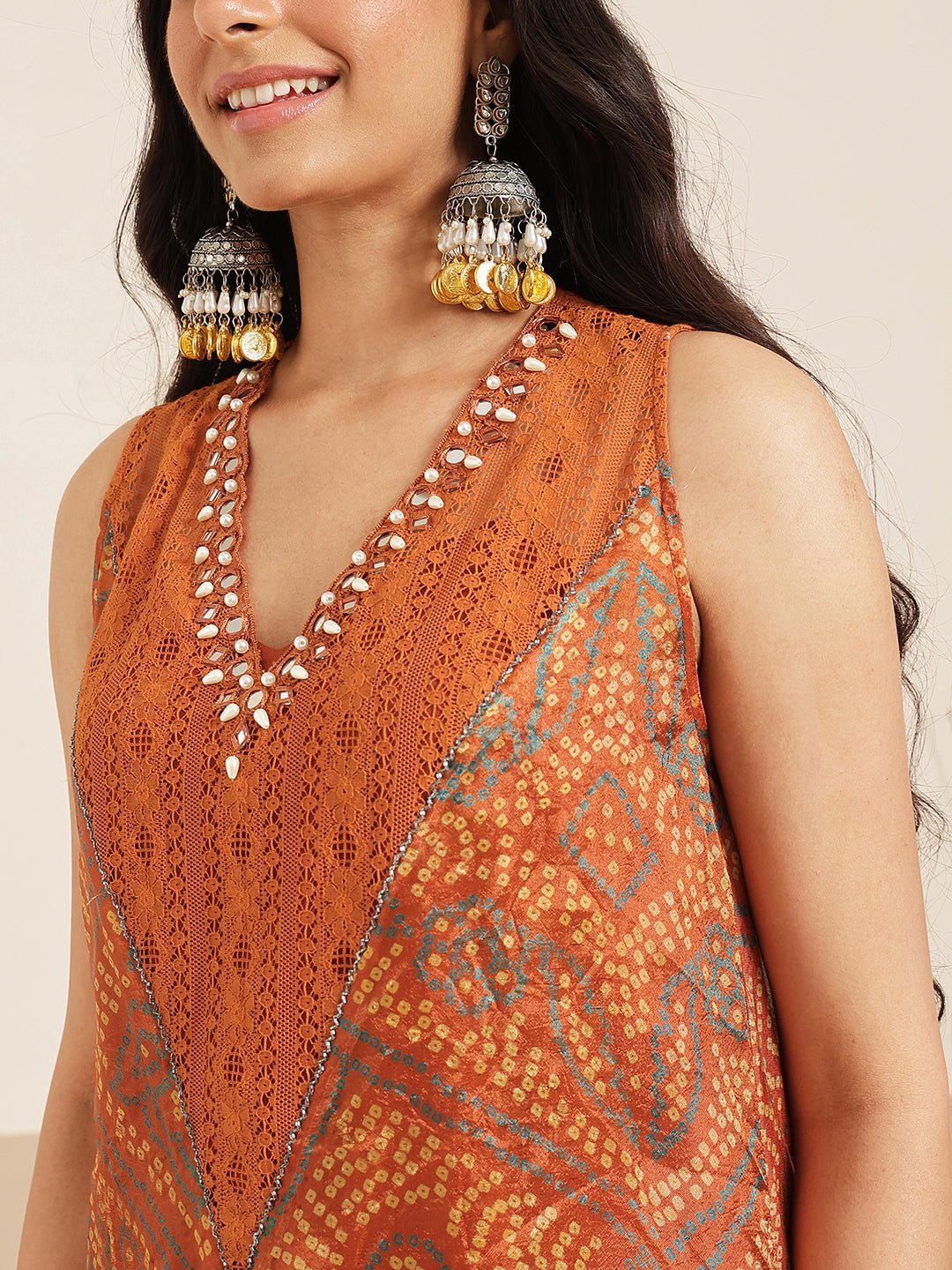 Bandhej Women Kurta Set - Orange - Charkha TalesBandhej Women Kurta Set - Orange