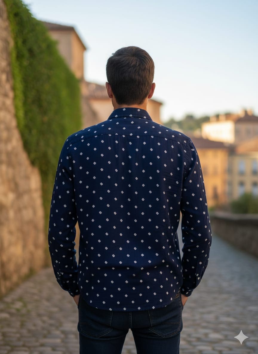 Bandhej Zardozi Work Men Shirt - Blue - Charkha TalesBandhej Zardozi Work Men Shirt - Blue