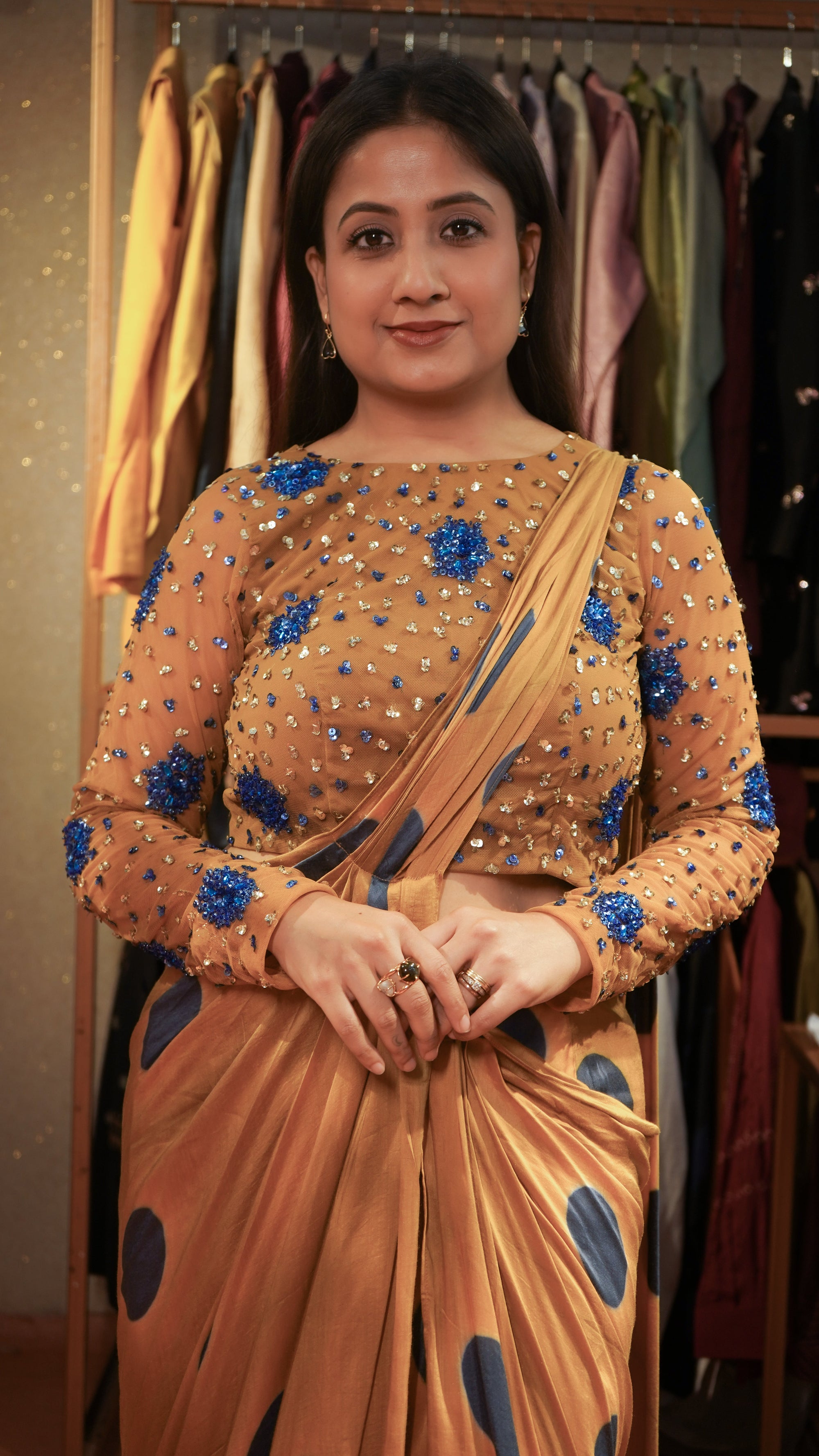 Beads Work Stiched Saree With Blouse - Rust Brown - Charkha TalesBeads Work Stiched Saree With Blouse - Rust Brown