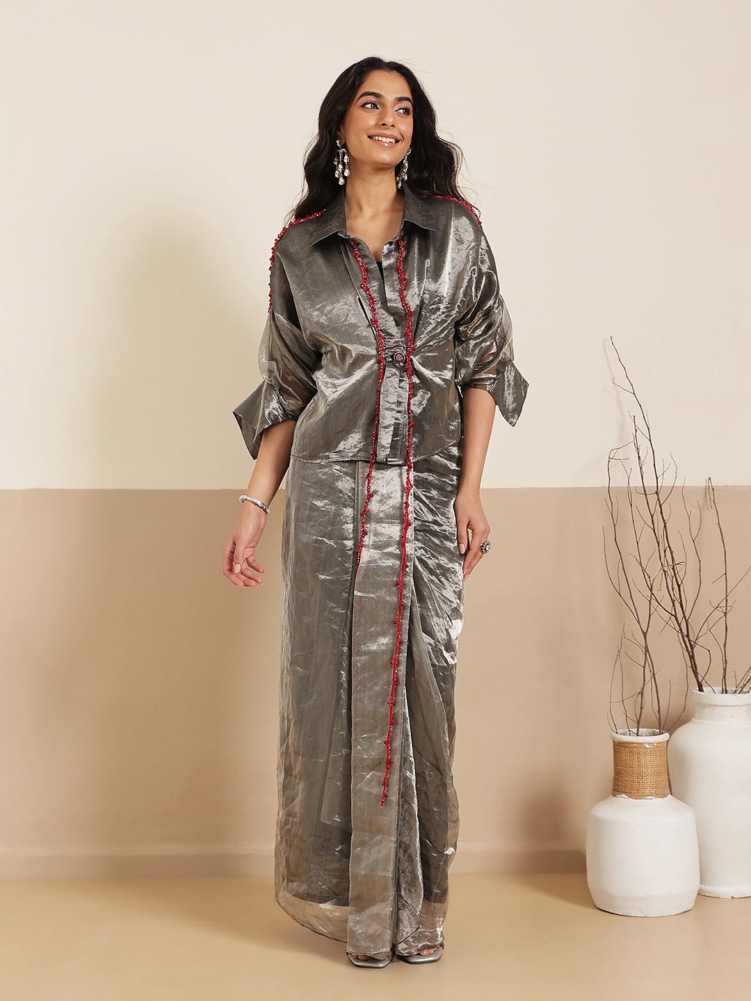 Beads Work Top With Draped Skirt - Black - Charkha TalesBeads Work Top With Draped Skirt - Black
