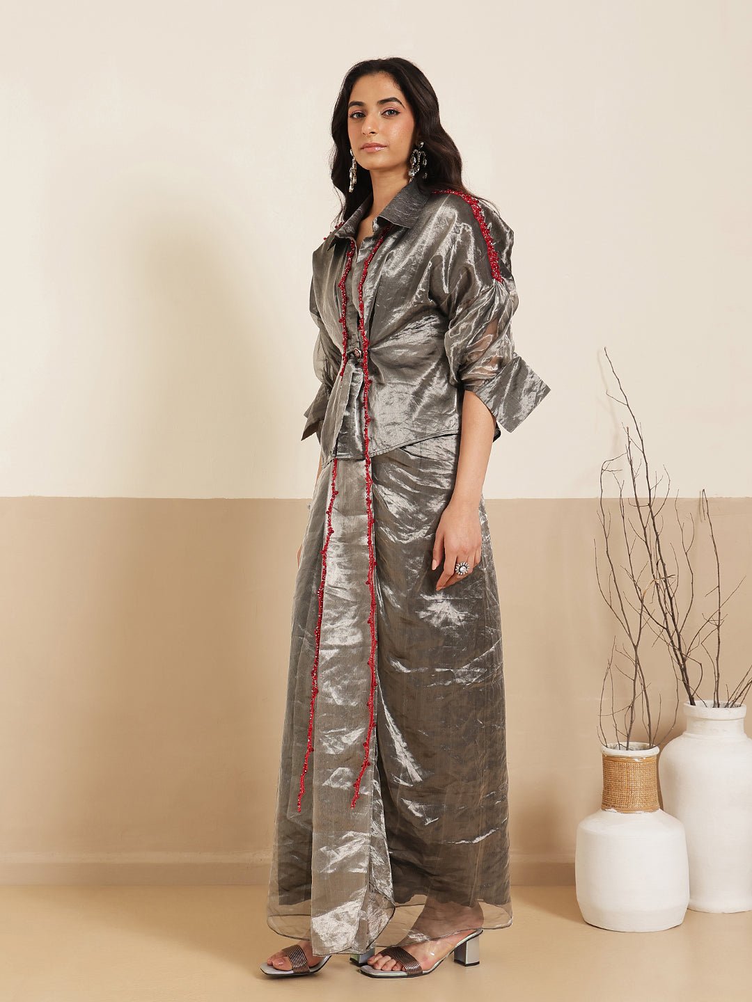 Beads Work Top With Draped Skirt - Black - Charkha TalesBeads Work Top With Draped Skirt - Black