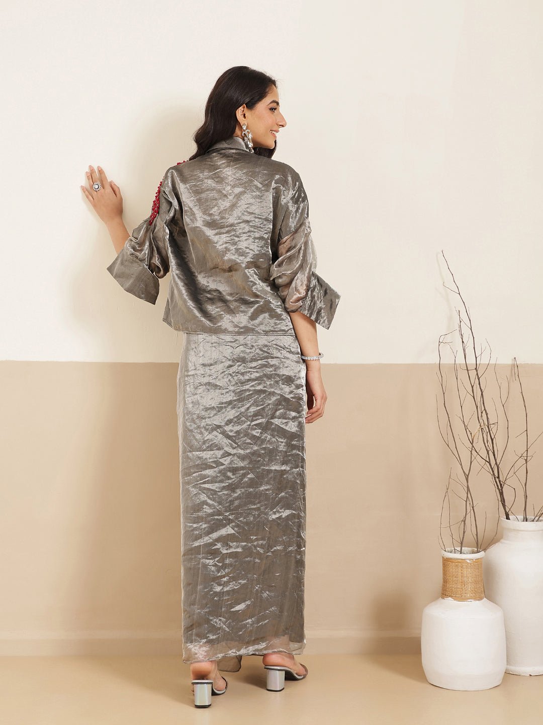 Beads Work Top With Draped Skirt - Black - Charkha TalesBeads Work Top With Draped Skirt - Black