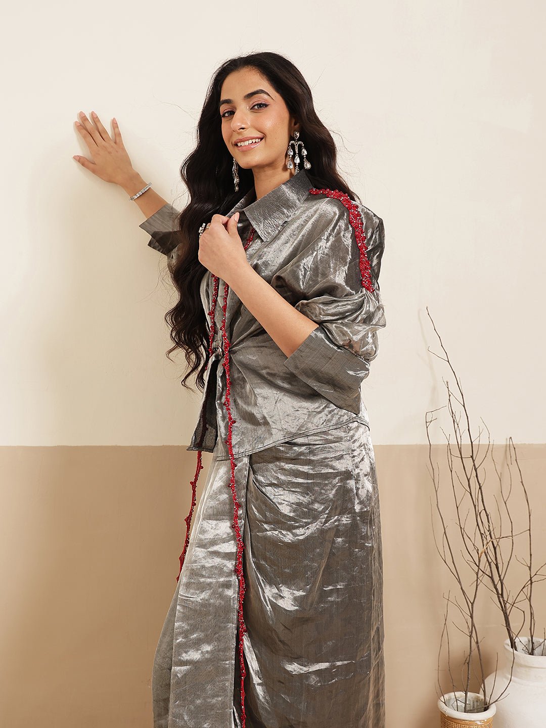 Beads Work Top With Draped Skirt - Black - Charkha TalesBeads Work Top With Draped Skirt - Black