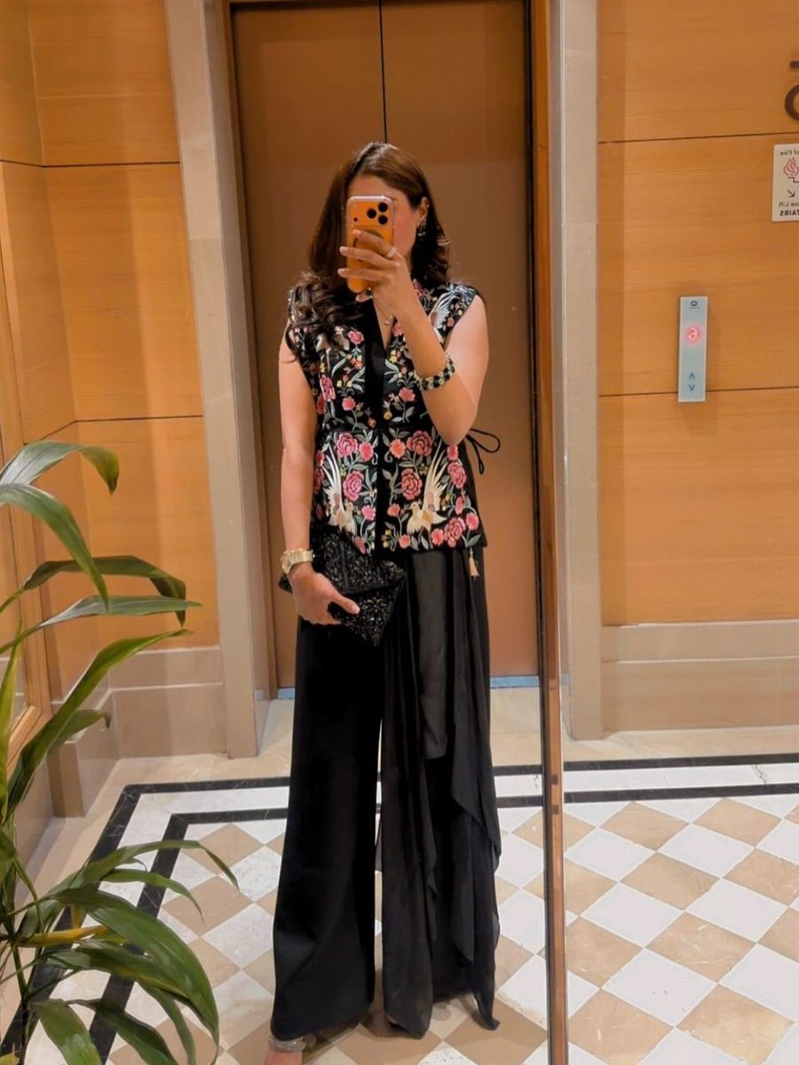 Black Embroidered Jumpsuit With Shrug - Charkha TalesBlack Embroidered Jumpsuit With Shrug