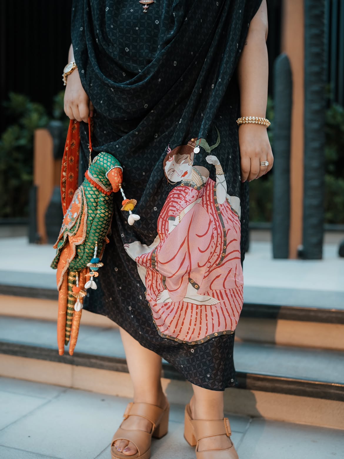 Black Kalighat Indian Print Dress - Charkha TalesBlack Kalighat Indian Print Dress