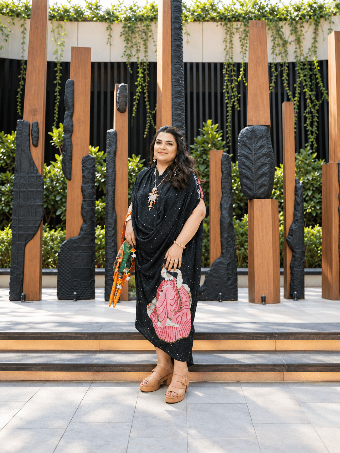 Black Kalighat Indian Print Dress - Charkha TalesBlack Kalighat Indian Print Dress