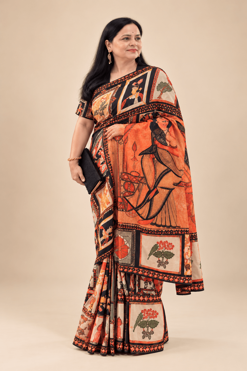 Black Kalighat Print Saree With Blouse - Charkha TalesBlack Kalighat Print Saree With Blouse