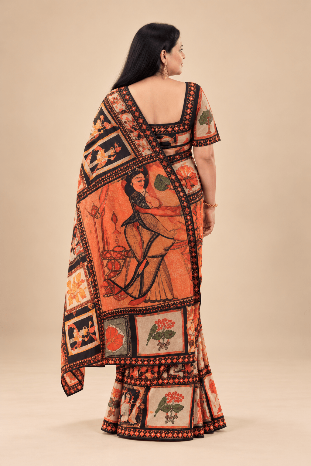 Black Kalighat Print Saree With Blouse - Charkha TalesBlack Kalighat Print Saree With Blouse