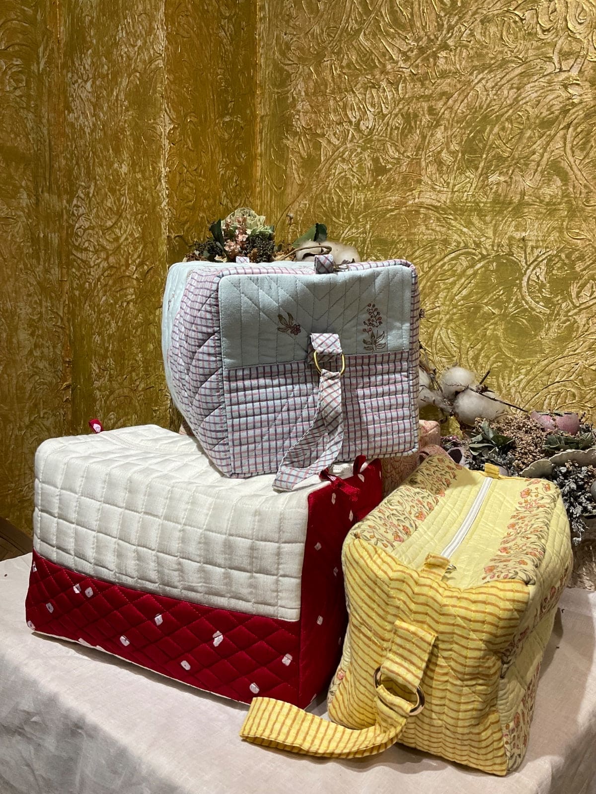 Block Print Quilted Duffle Bag - Yellow - Charkha TalesBlock Print Quilted Duffle Bag - Yellow