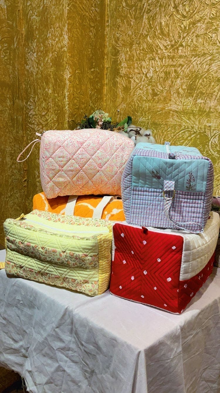 Block Print Quilted Duffle Bag - Yellow - Charkha TalesBlock Print Quilted Duffle Bag - Yellow