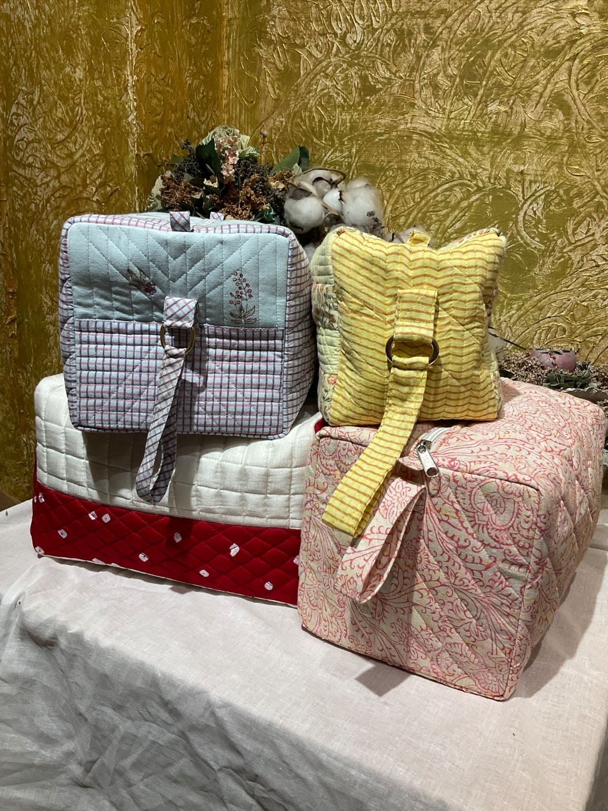 Block Print Quilted Duffle Bag - Yellow - Charkha TalesBlock Print Quilted Duffle Bag - Yellow