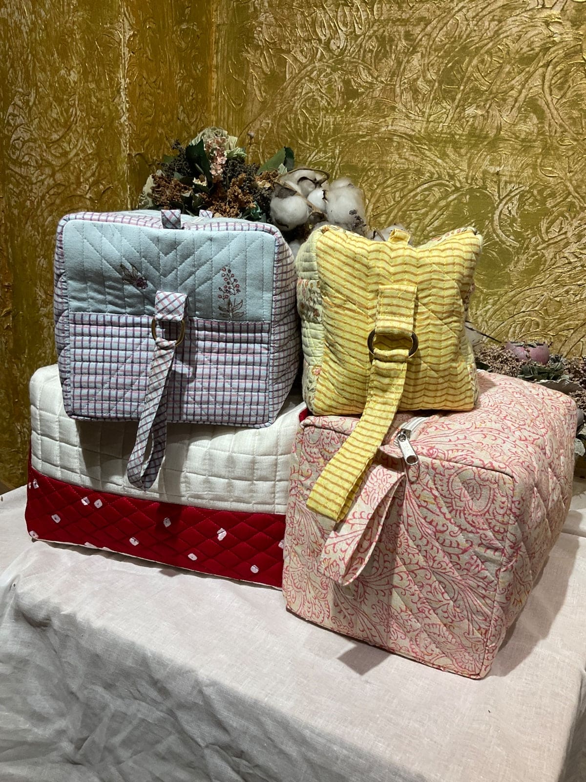 Block Print Quilted Duffle Bag - Yellow - Charkha TalesBlock Print Quilted Duffle Bag - Yellow