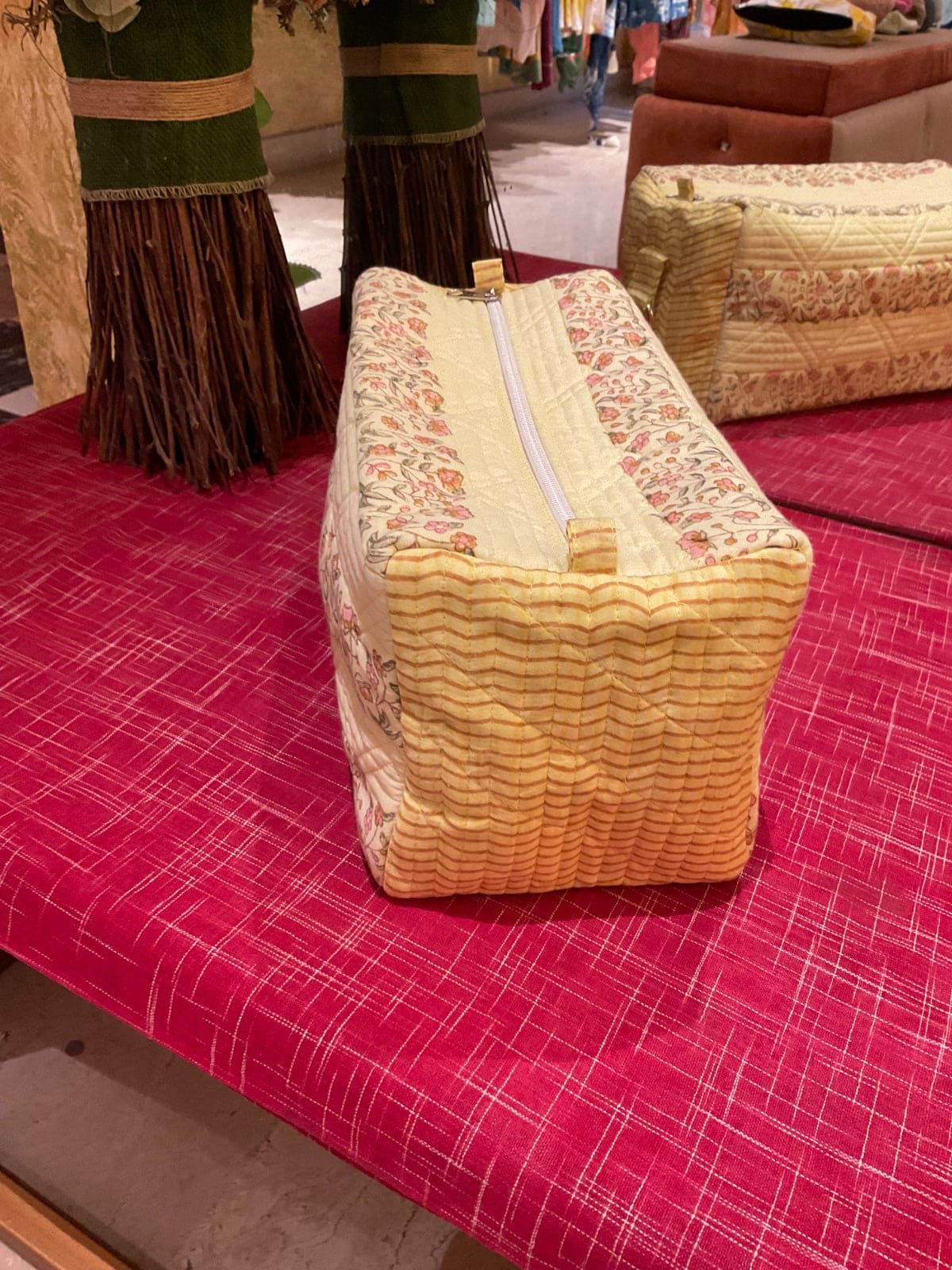 Block Print Quilted Duffle Bag - Yellow - Charkha TalesBlock Print Quilted Duffle Bag - Yellow