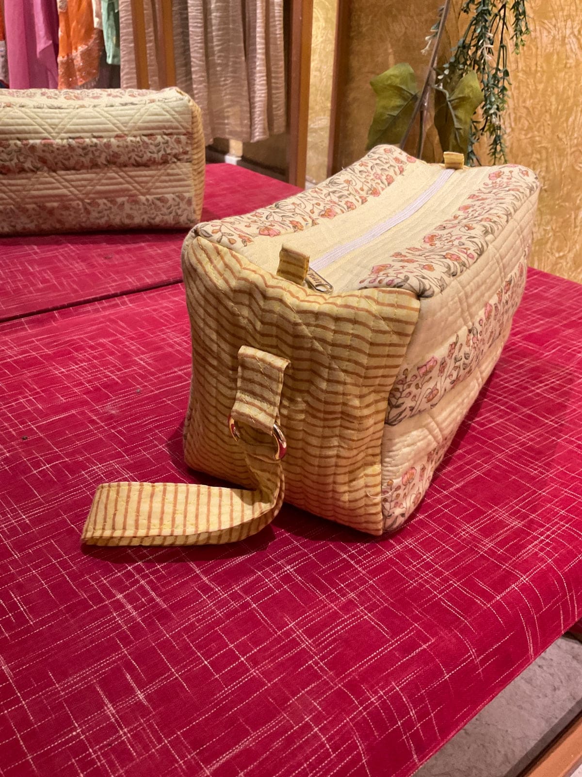 Block Print Quilted Duffle Bag - Yellow - Charkha TalesBlock Print Quilted Duffle Bag - Yellow