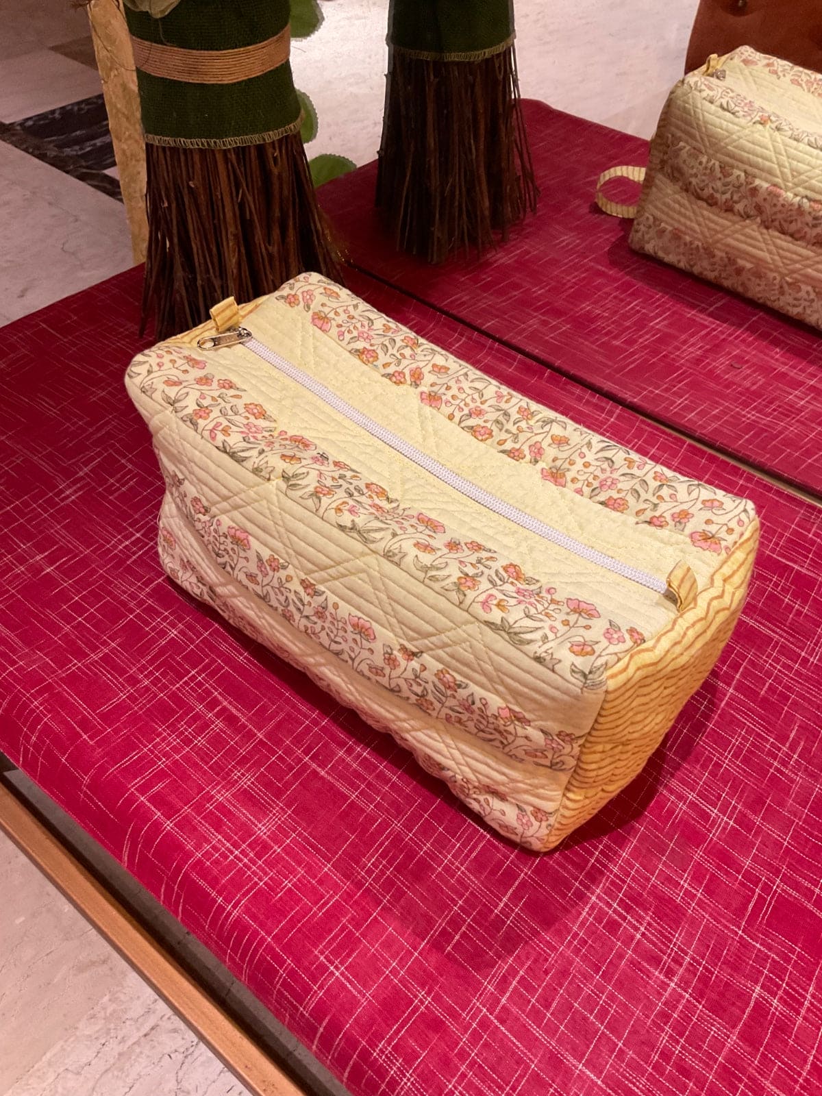 Block Print Quilted Duffle Bag - Yellow - Charkha TalesBlock Print Quilted Duffle Bag - Yellow