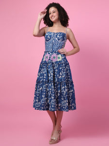 Block printed Floral applique work Dress - Indigo