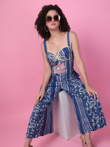 Block printed Floral  applique work Jumpsuit - Indigo