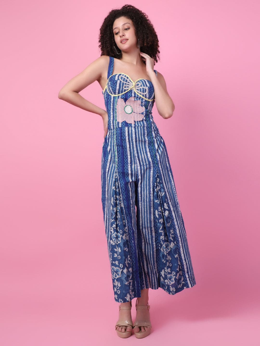 Block printed Floral applique work Jumpsuit - Indigo - Charkha TalesBlock printed Floral applique work Jumpsuit - Indigo