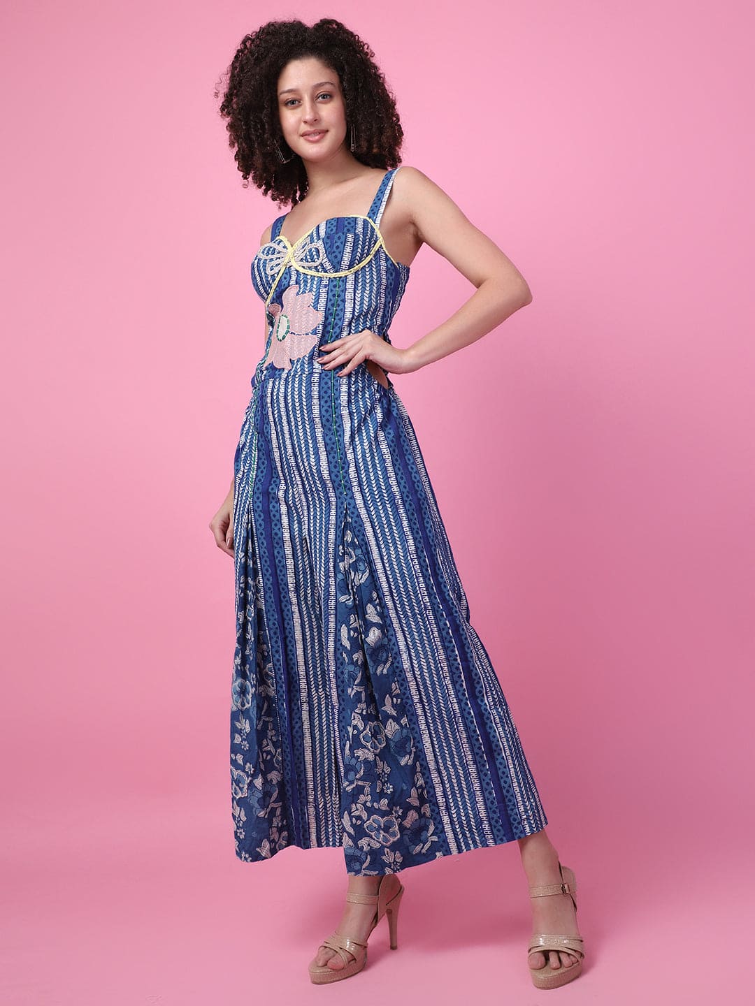 Block printed Floral applique work Jumpsuit - Indigo - Charkha TalesBlock printed Floral applique work Jumpsuit - Indigo