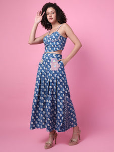 Block printed floral Patch Work co-ord set - Indigo