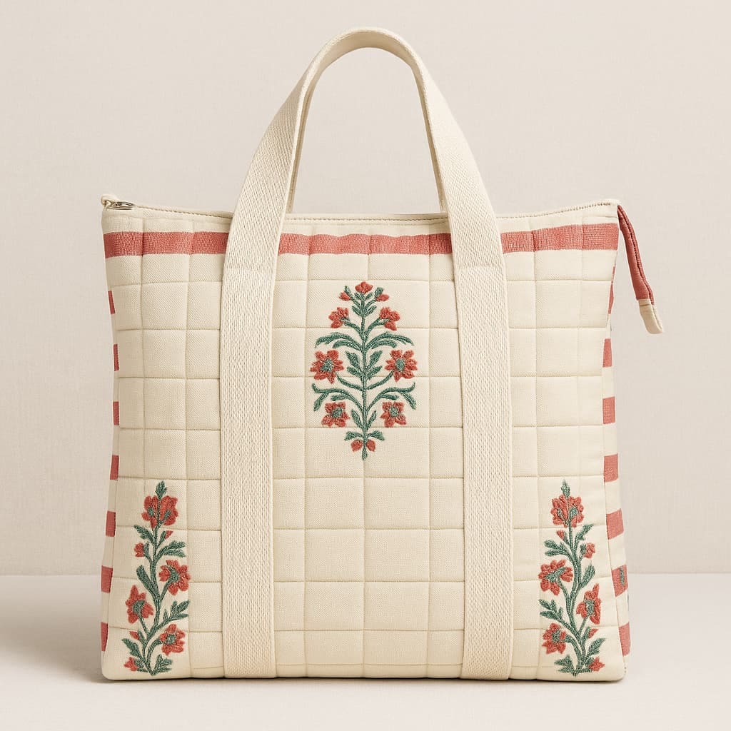 Blockprints Quilted Bag - Cream - Charkha TalesBlockprints Quilted Bag - Cream