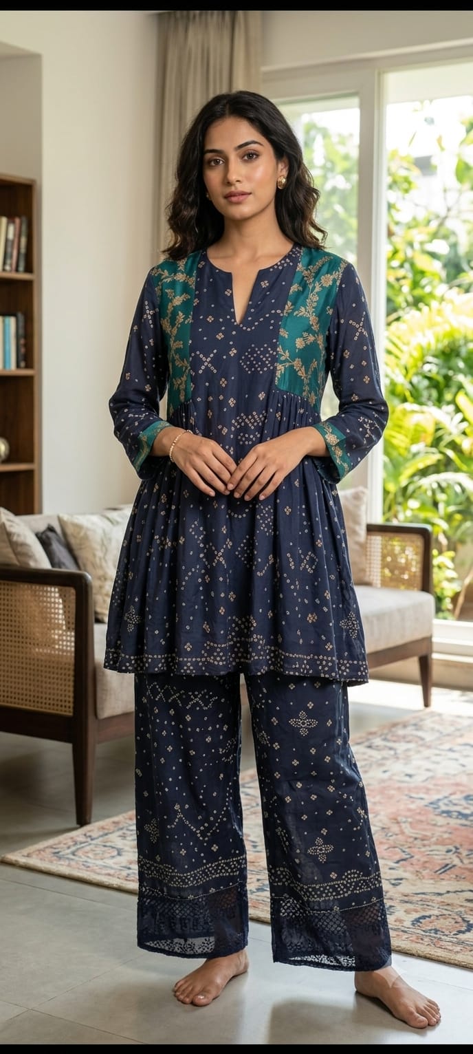 Blue Bandhani Indian Print Kurta Set - Charkha TalesBlue Bandhani Indian Print Kurta Set